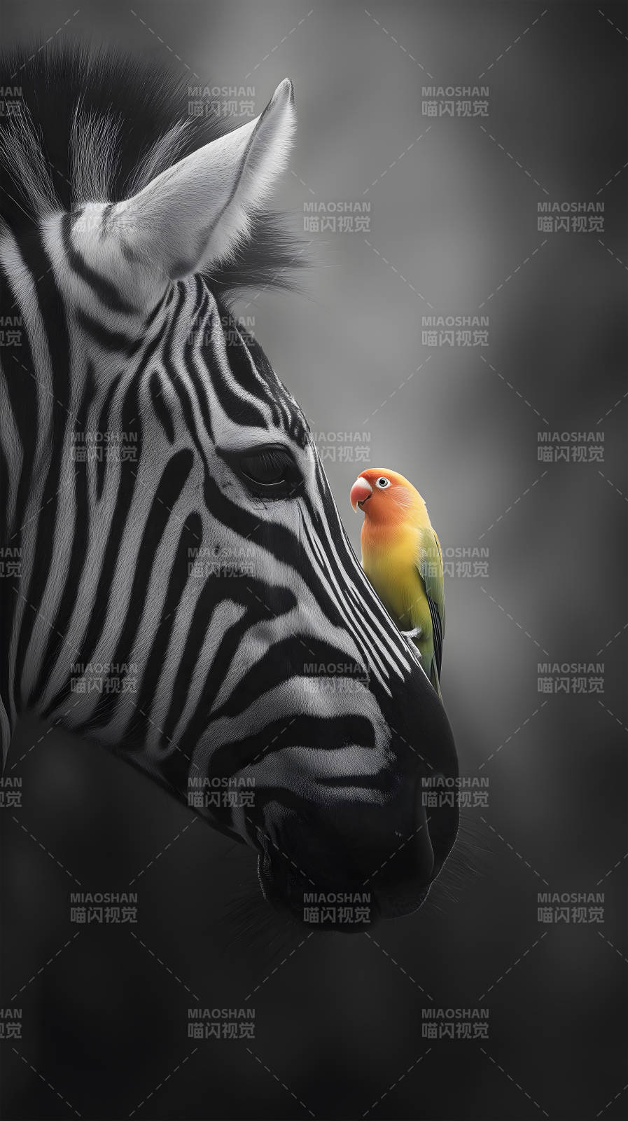 斑马与鹦鹉依偎图片