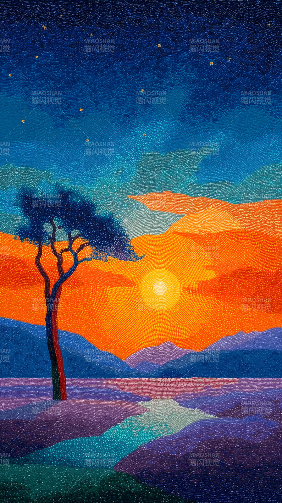 夕阳下的风景画图片