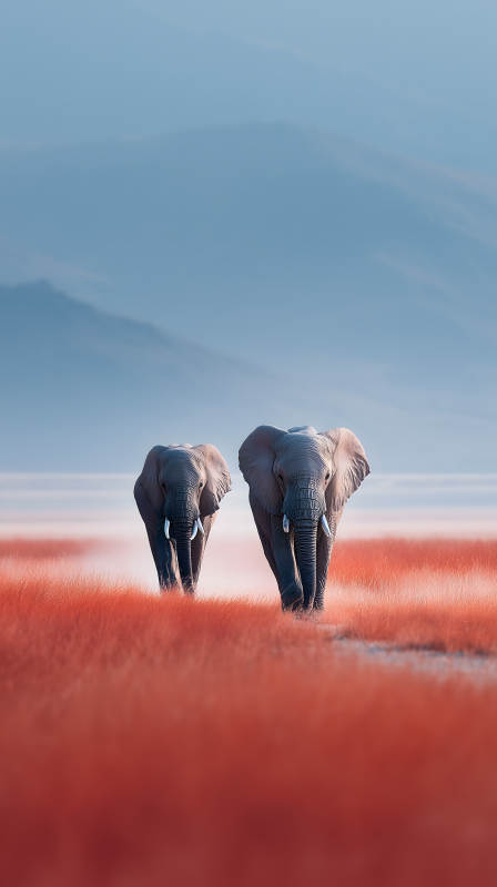 两只大象行走在红色草原上图片