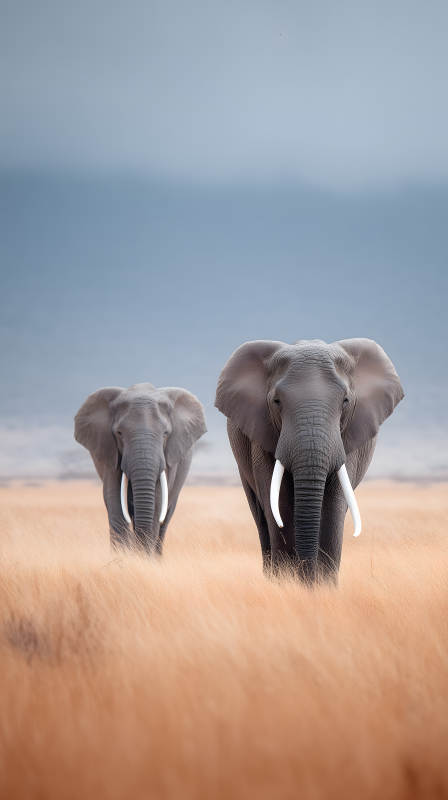 两只大象在草原上漫步图片