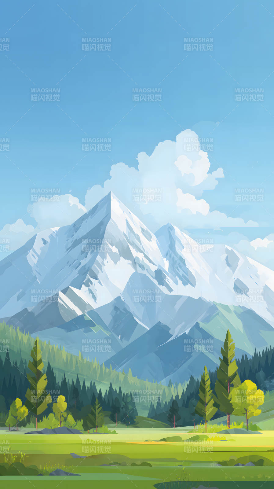 雪山草地风景画图片