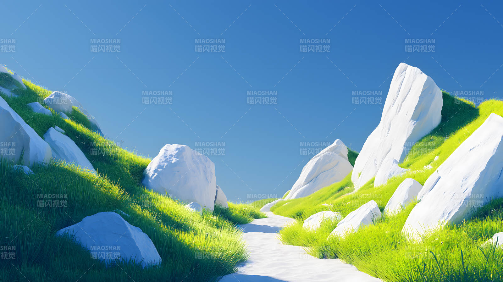 山间小路绿草白石蓝天图片