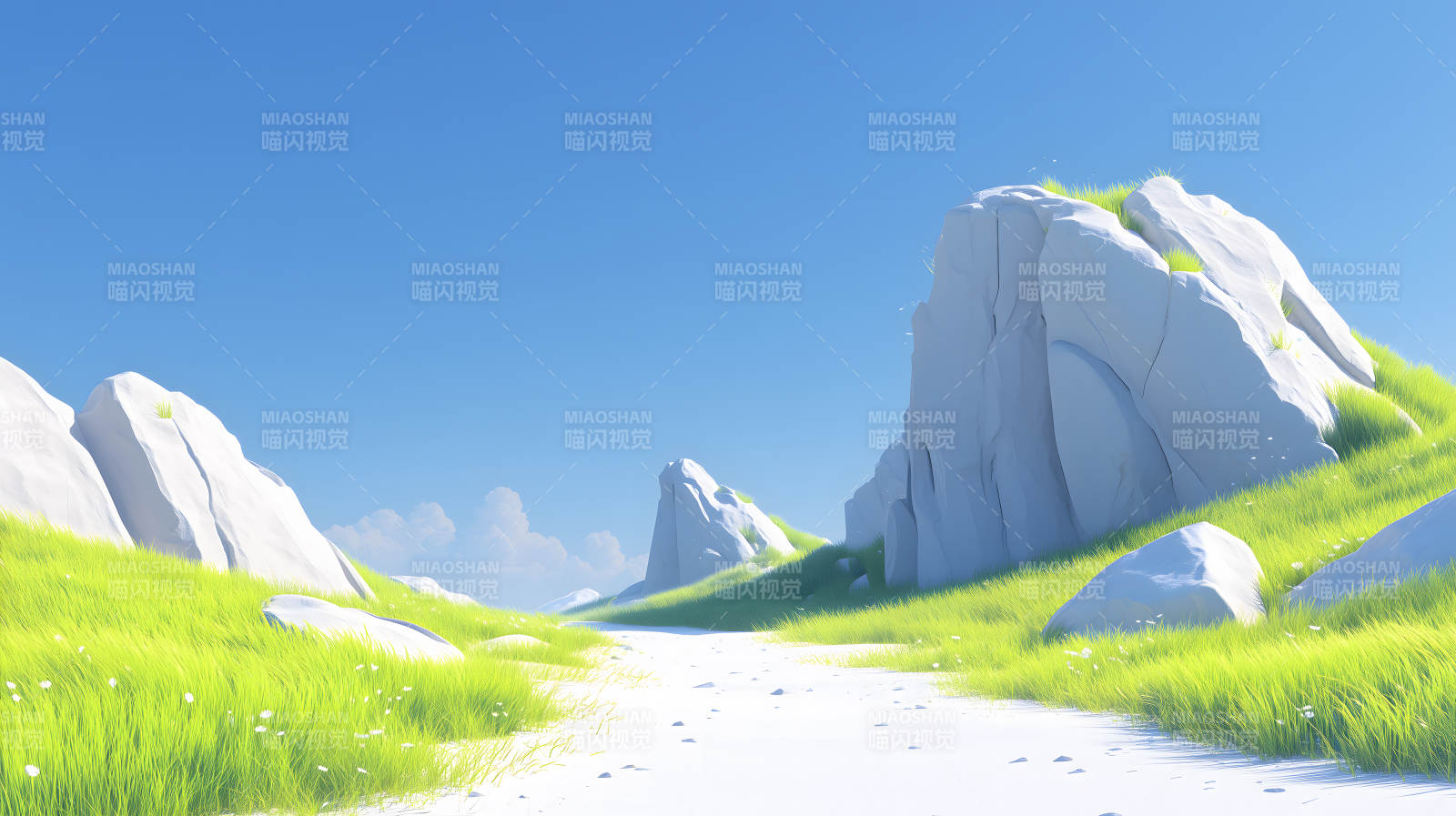 山石绿草蓝天纯净风景图片