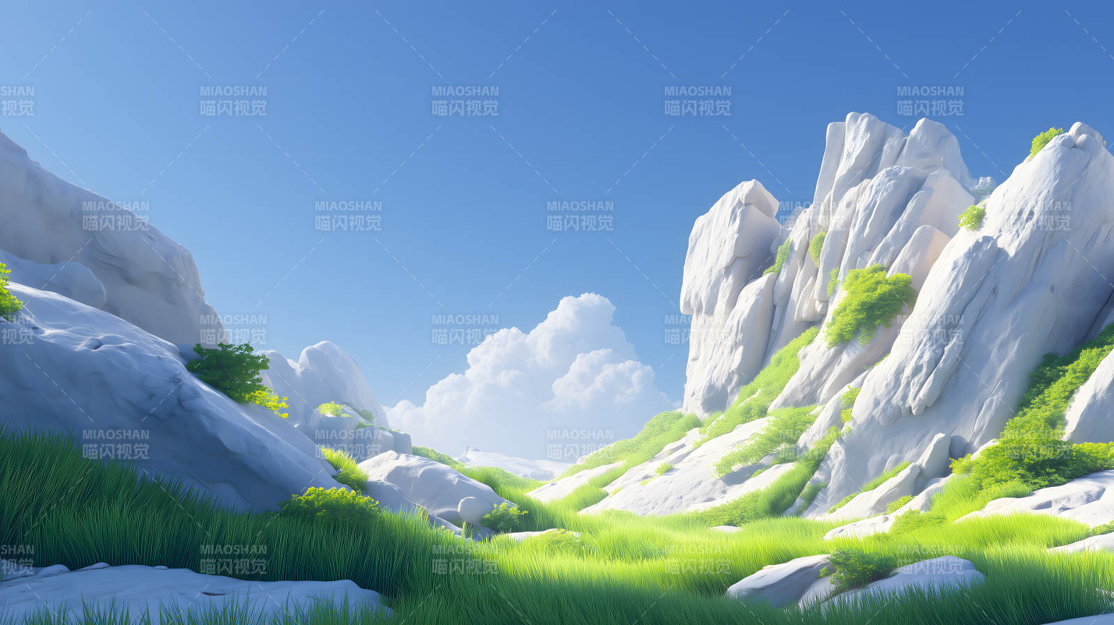 山谷草地蓝天白云图片