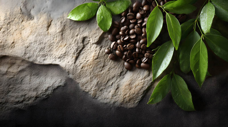 咖啡豆与绿叶特写图片