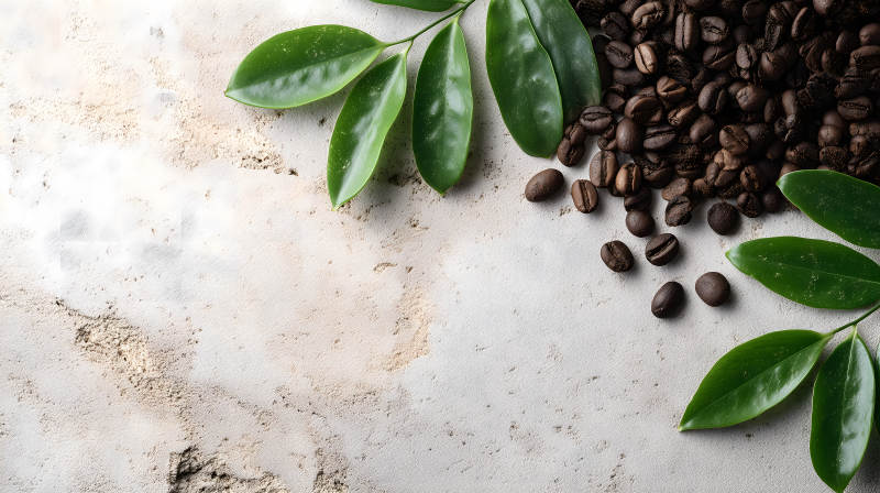 咖啡豆与绿叶的静物图片