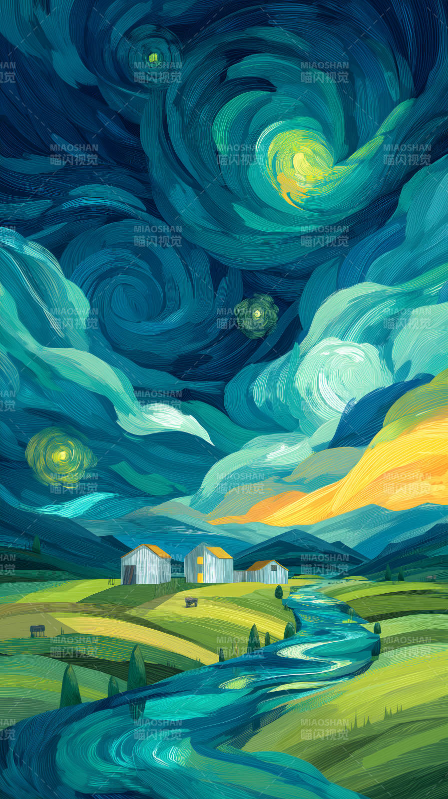 星空下乡村风景油画图片