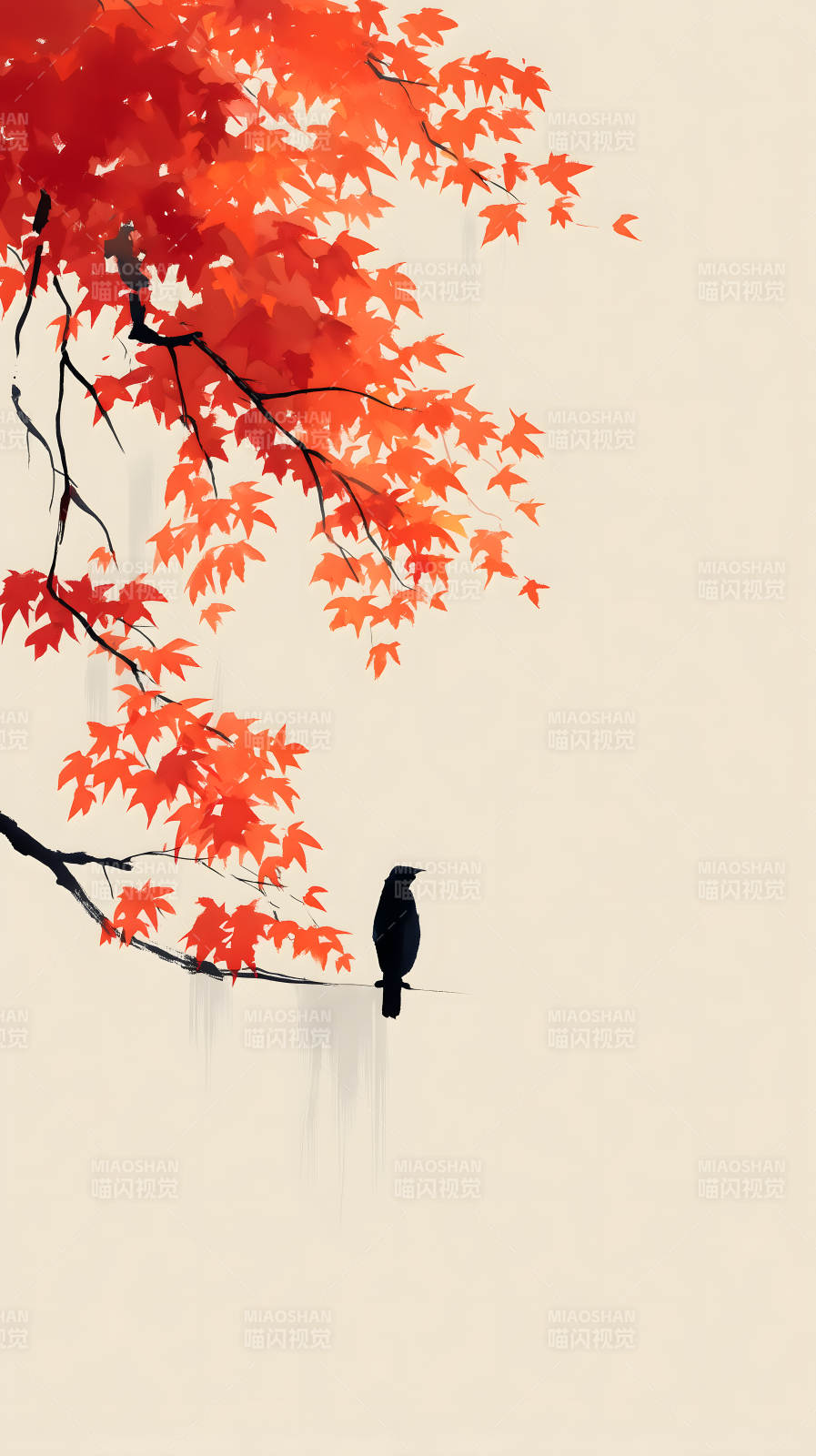 红叶枝头鸟儿静默图片