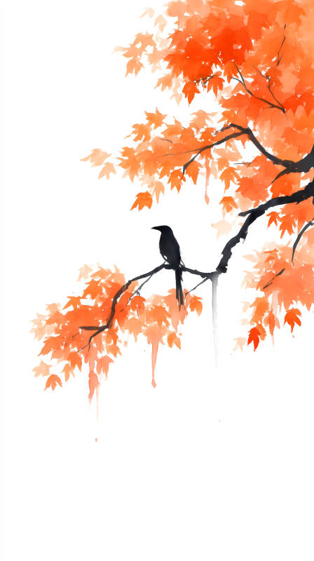 秋日红叶枝头黑鸟图片