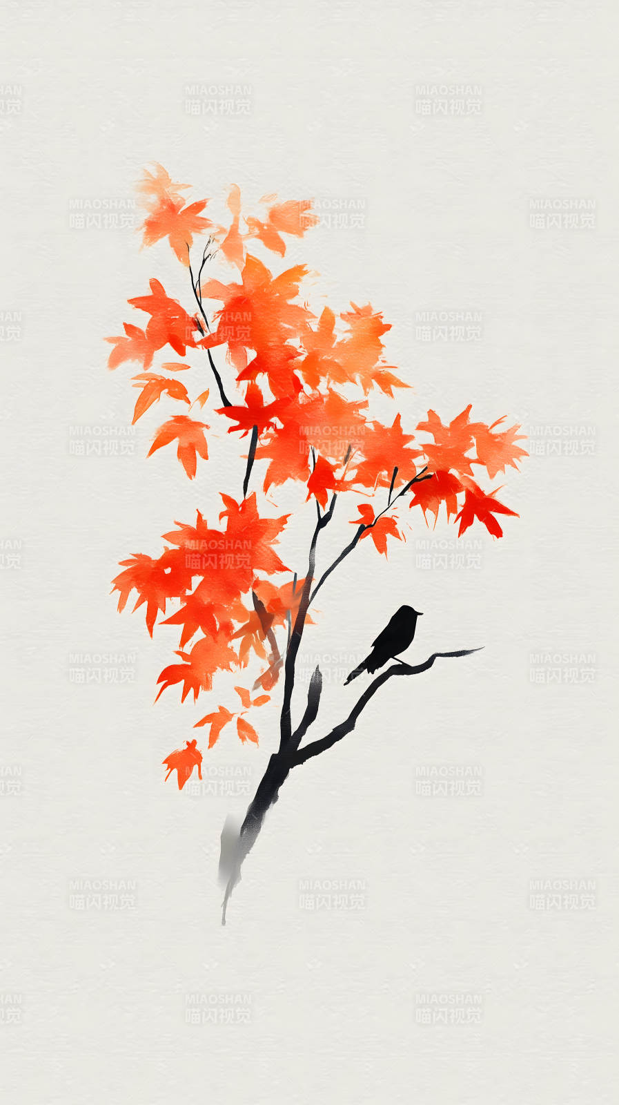 秋日红叶鸟影图片
