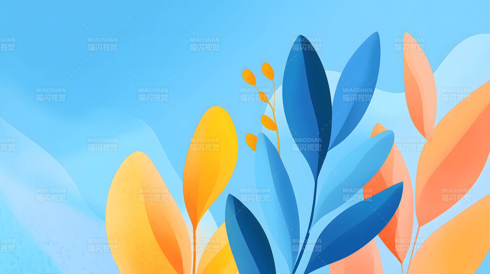 蓝黄植物抽象画图片