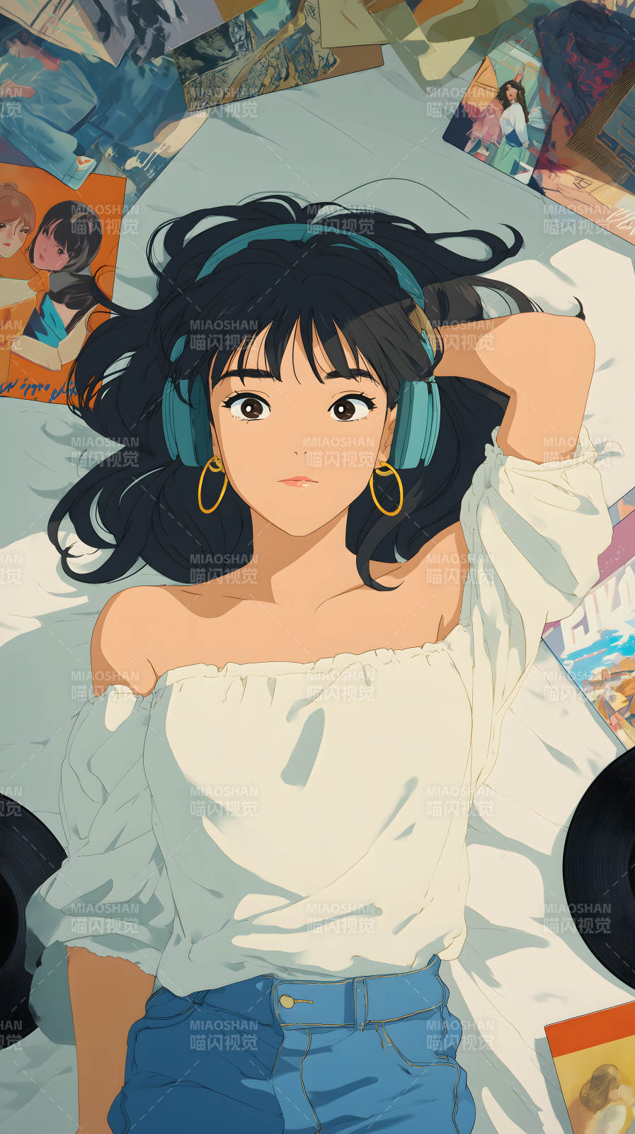 女孩躺在唱片上听音乐图片