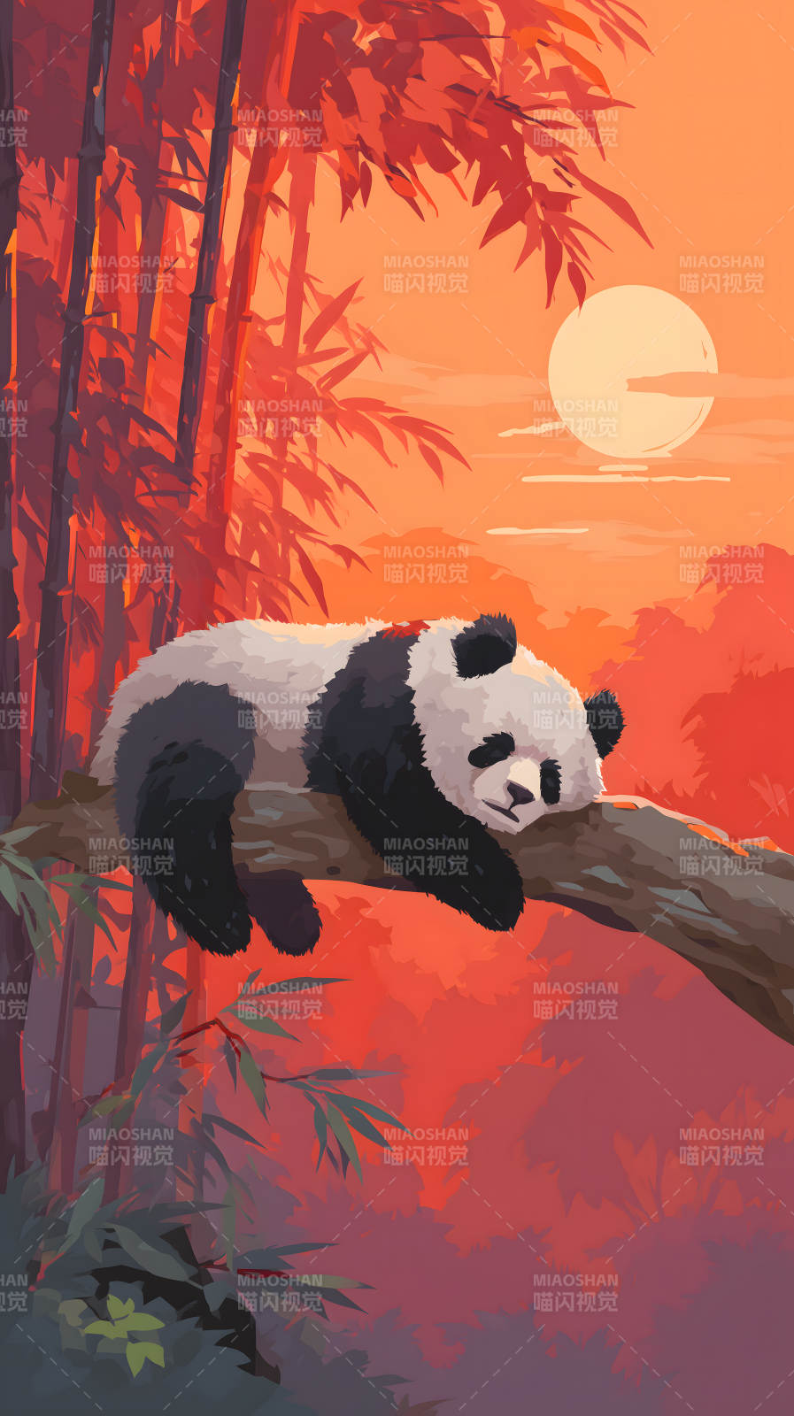 熊猫休憩夕阳美景图片