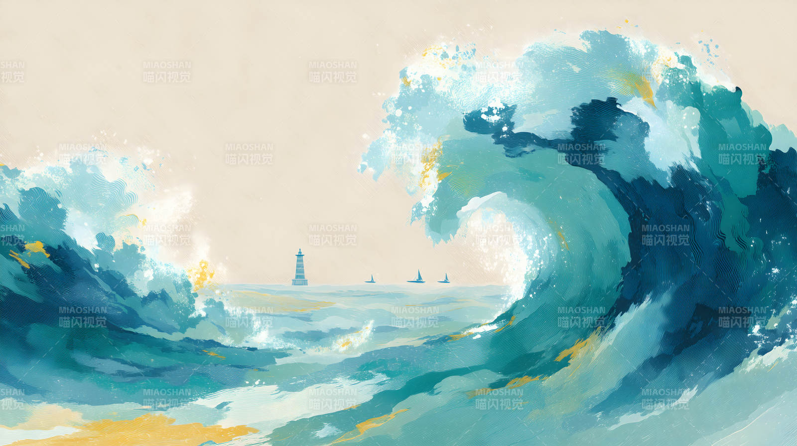 巨浪海景灯塔风景画图片