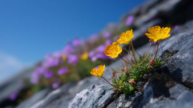 岩石上的黄色花朵图片