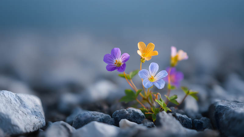 花朵顽强绽放岩石中图片