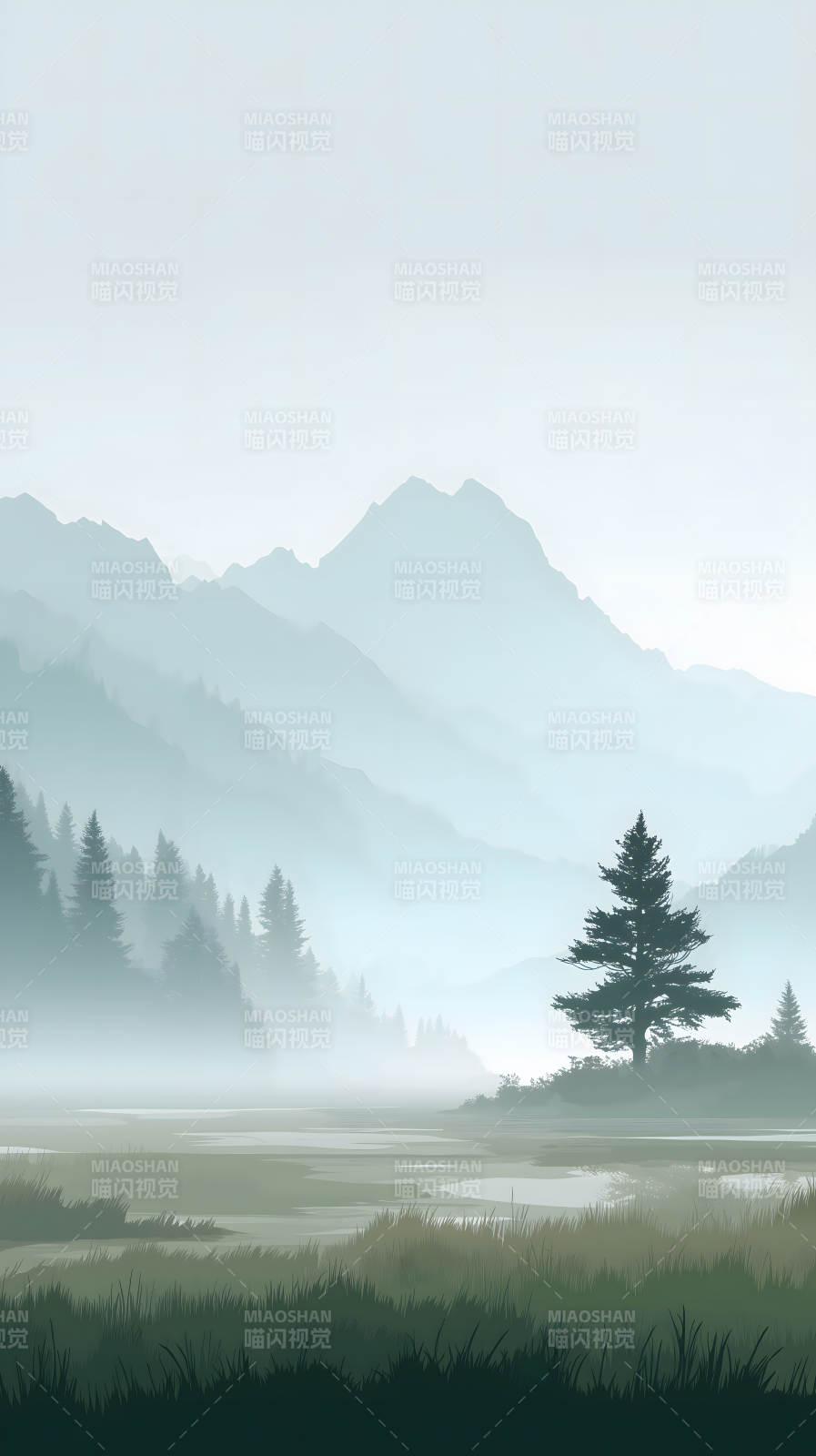 雾中森林山水画图片