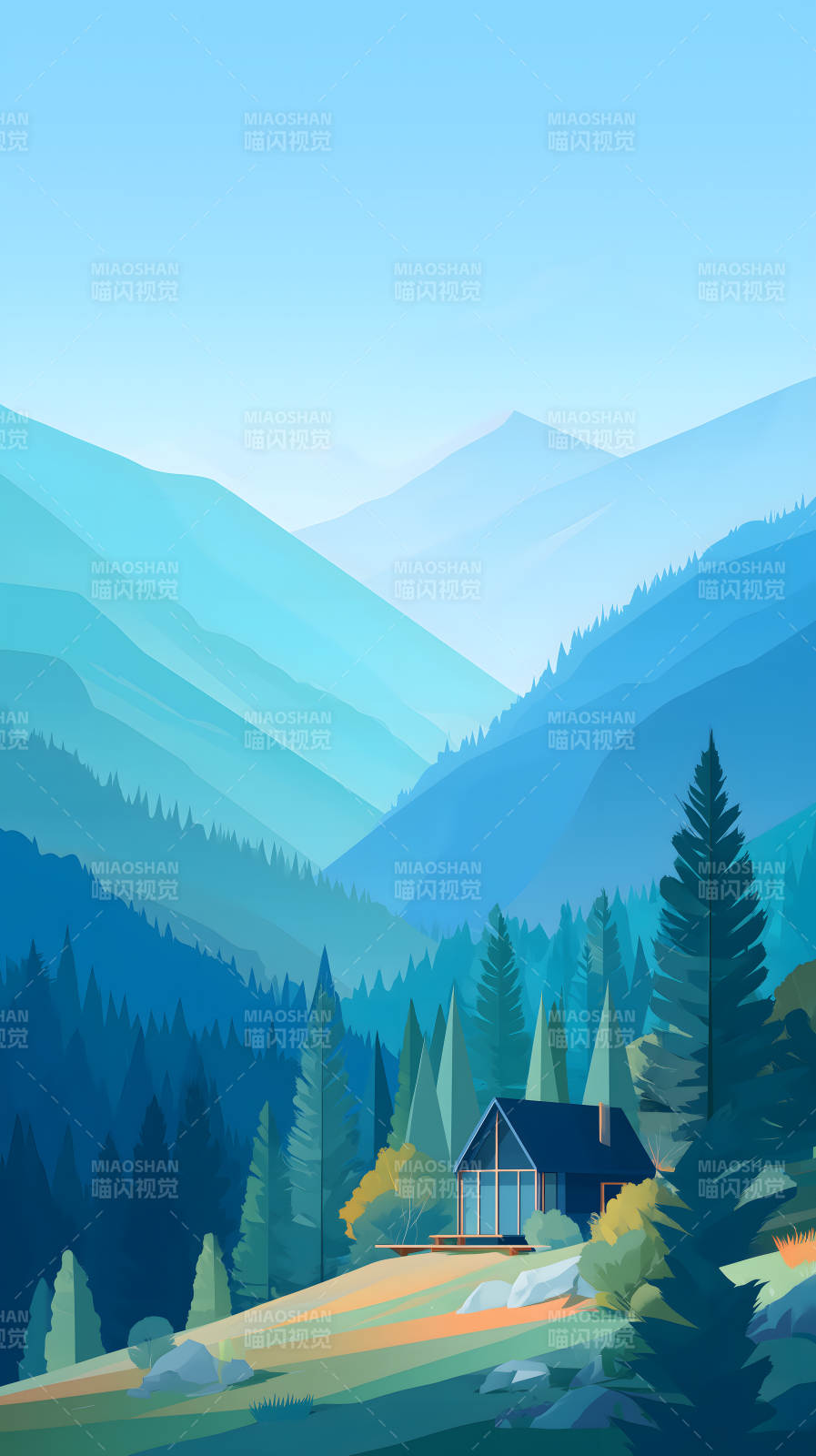 山林小屋远山叠嶂蓝调风景图片
