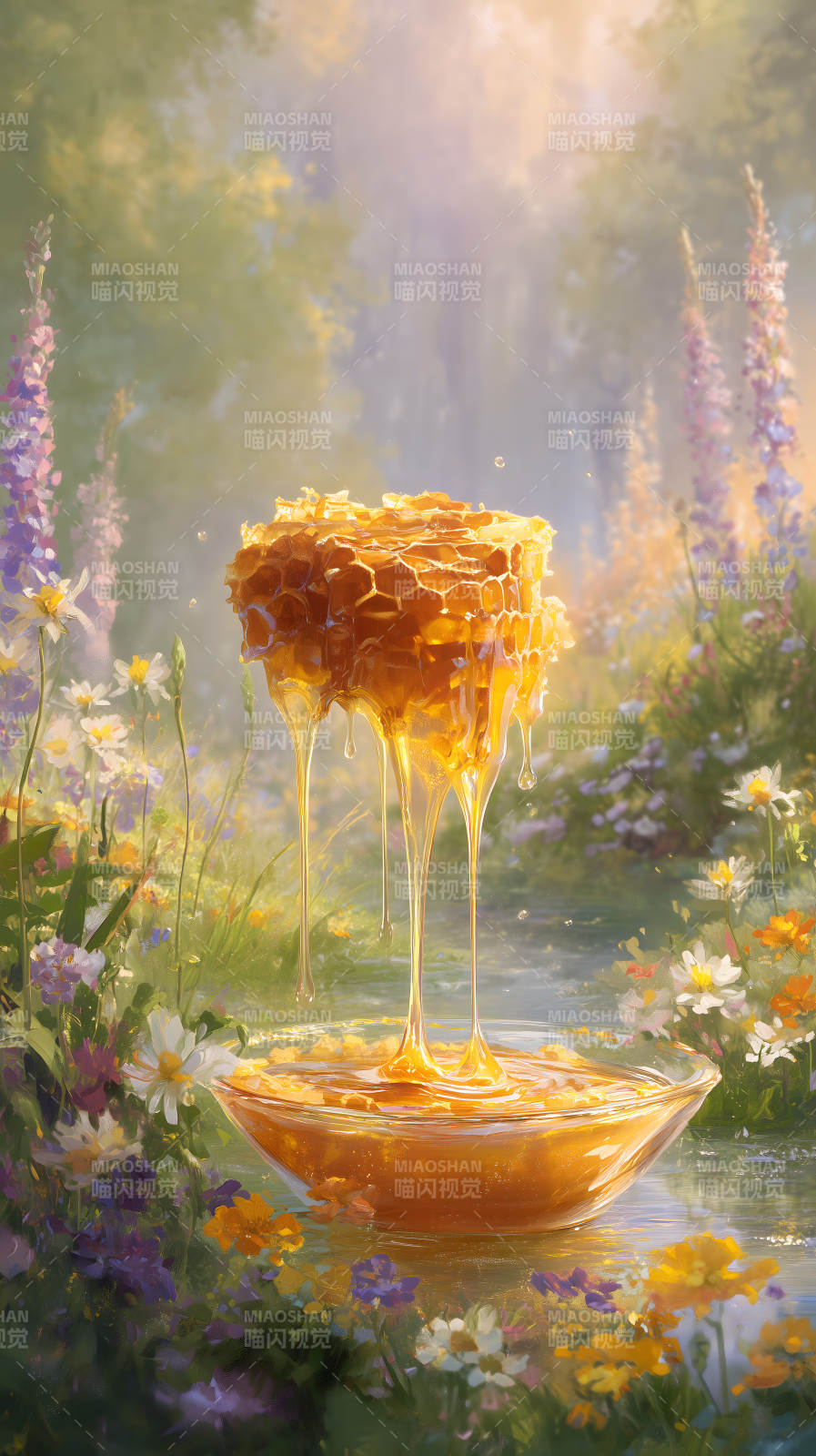 蜂蜜流入花丛之间图片