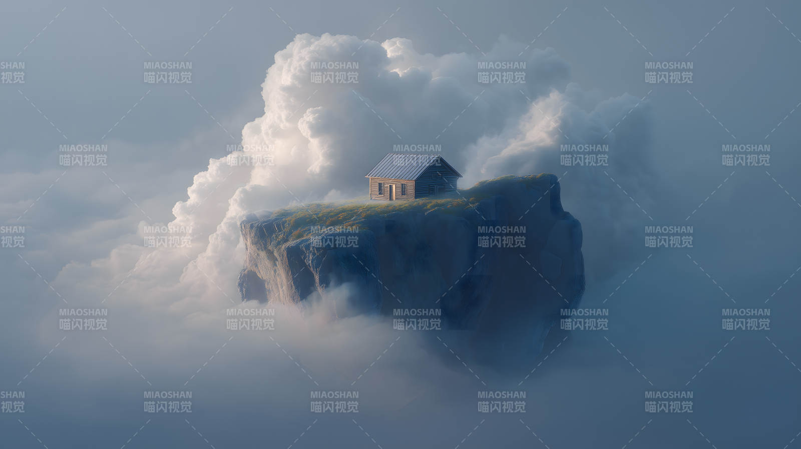 云中木屋孤立峭壁风景图片