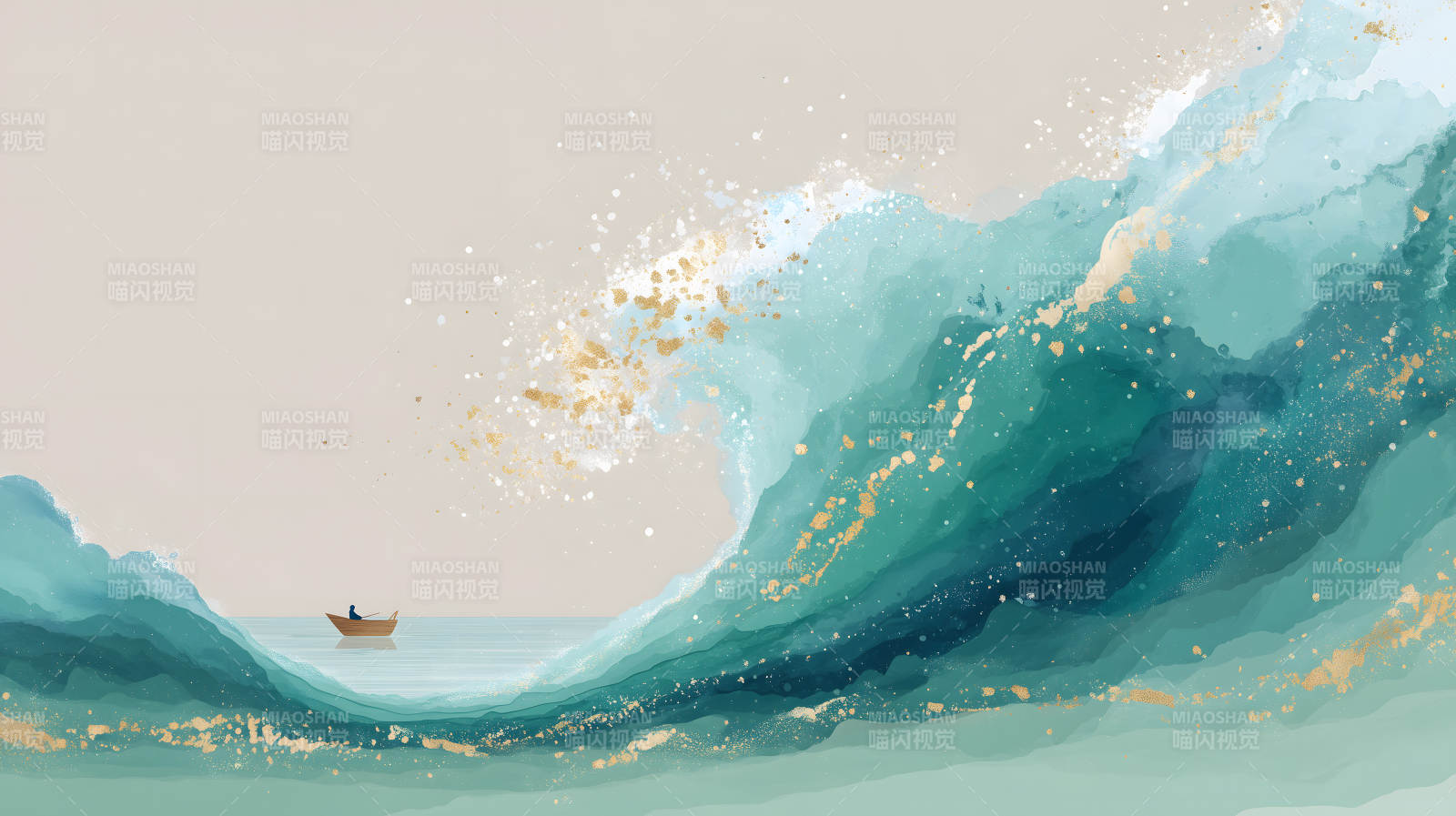 水墨巨浪小舟图片