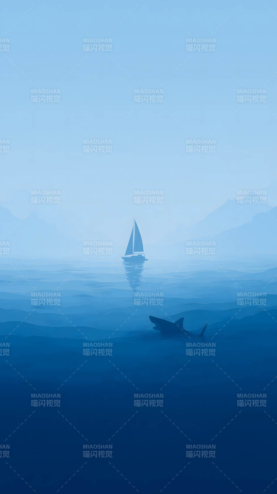 海面上的帆船与鲨鱼图片