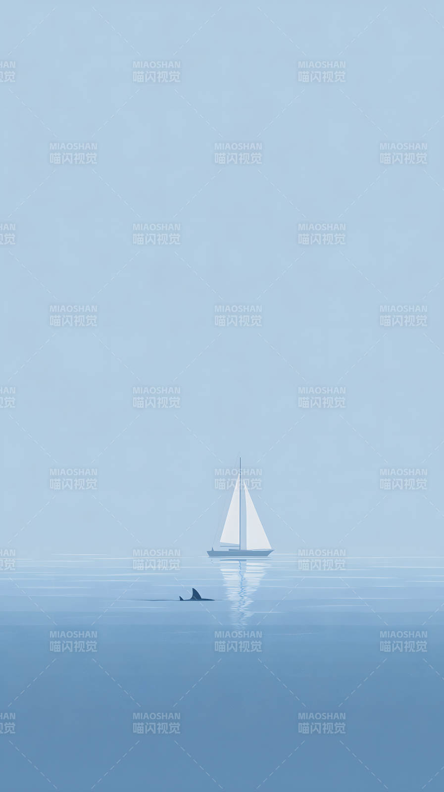 平静的海面帆船与鲨鱼图片