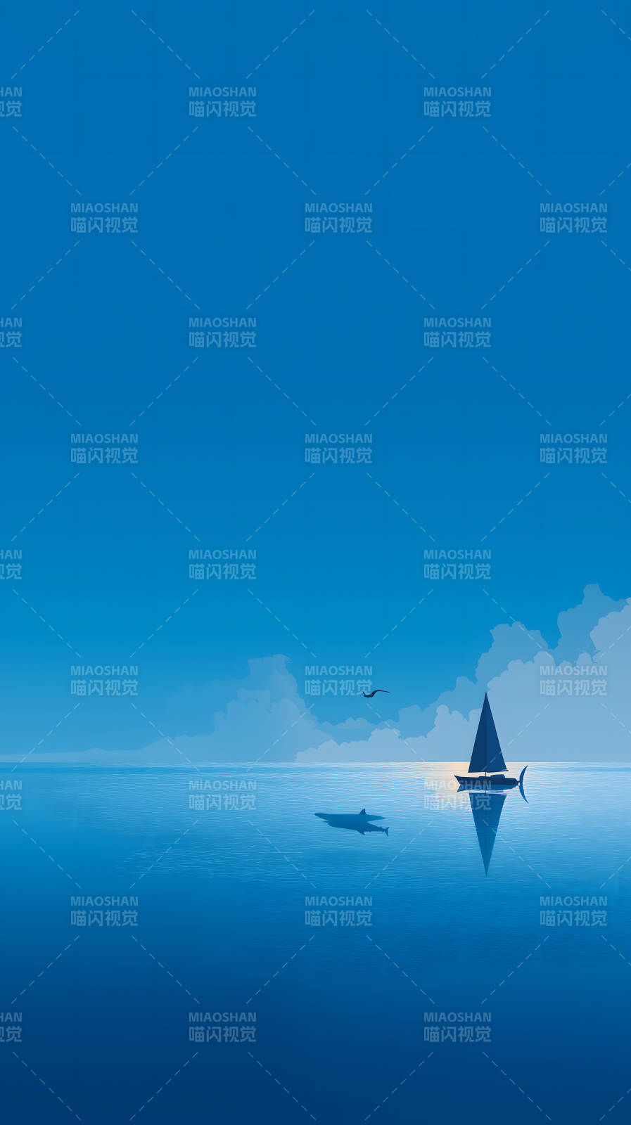 海上孤舟与鲨鱼图片