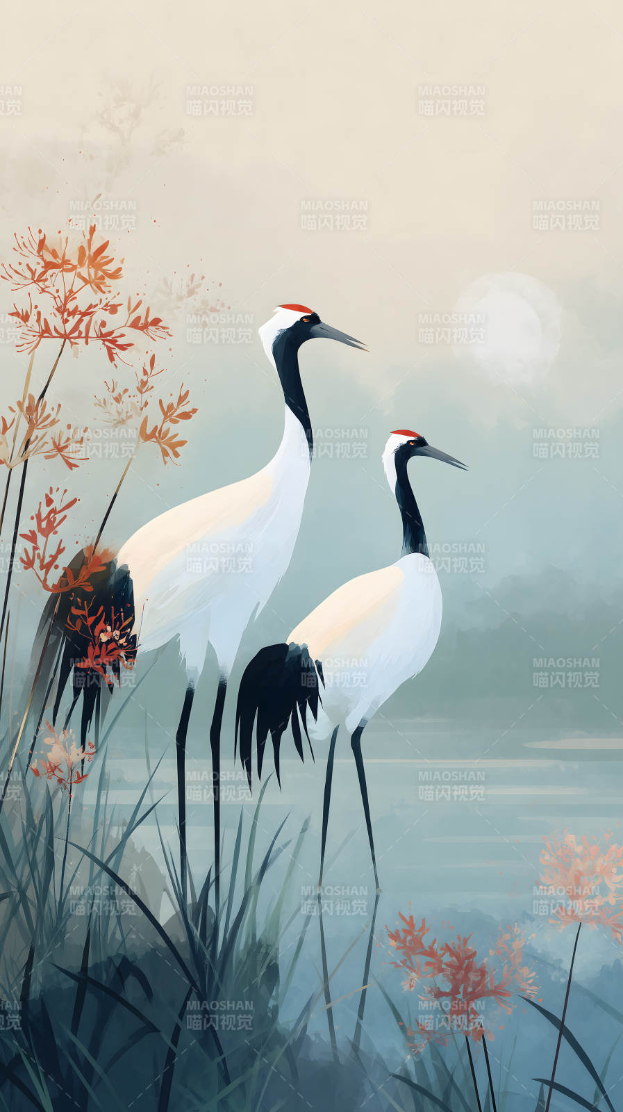 静谧鹤影湖光图片