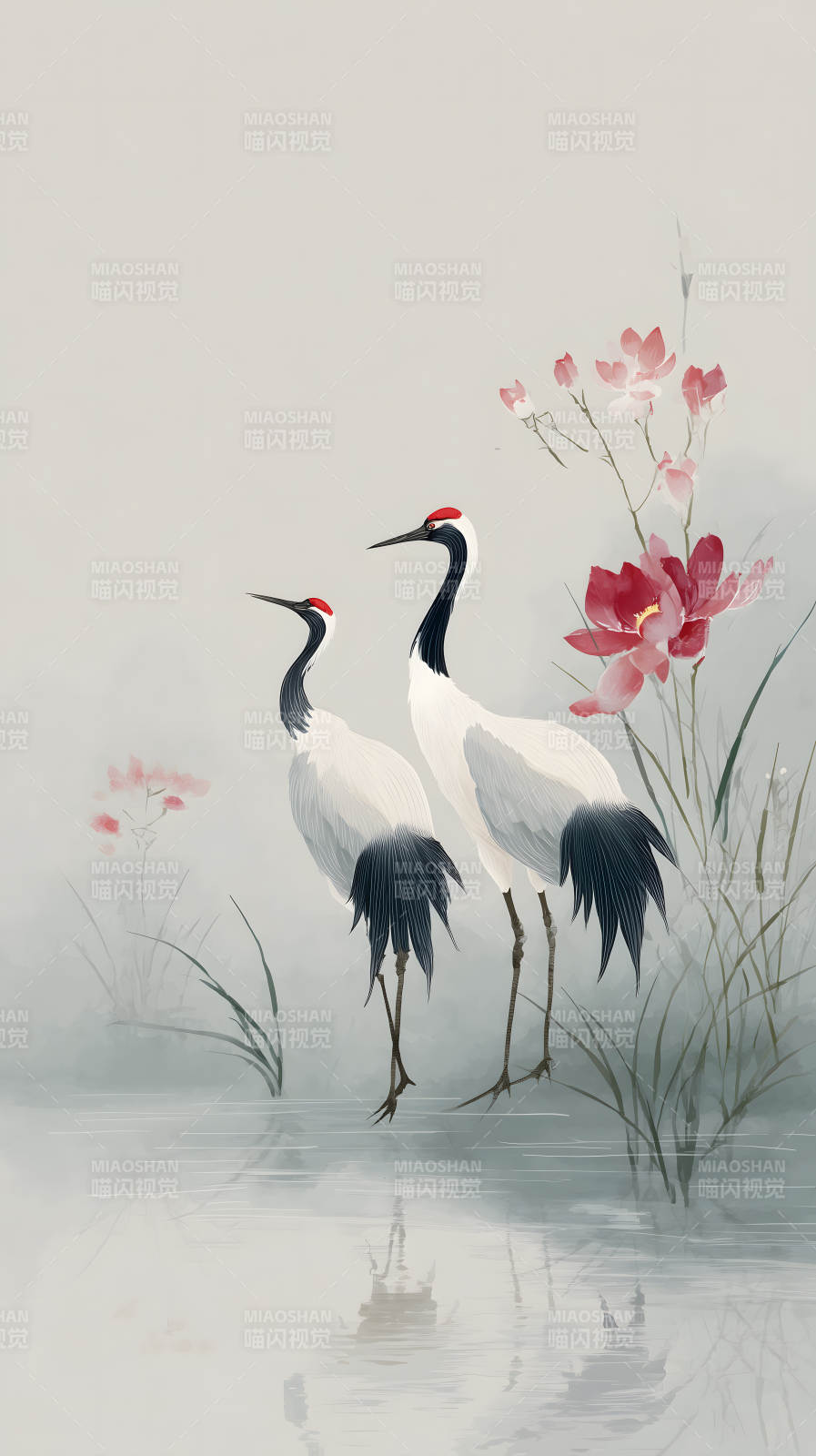 水墨丹青鹤舞莲图片