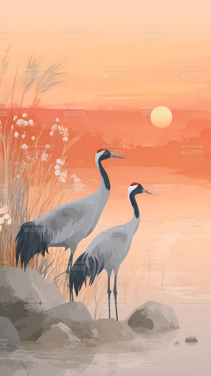 夕阳下的丹顶鹤剪影图片