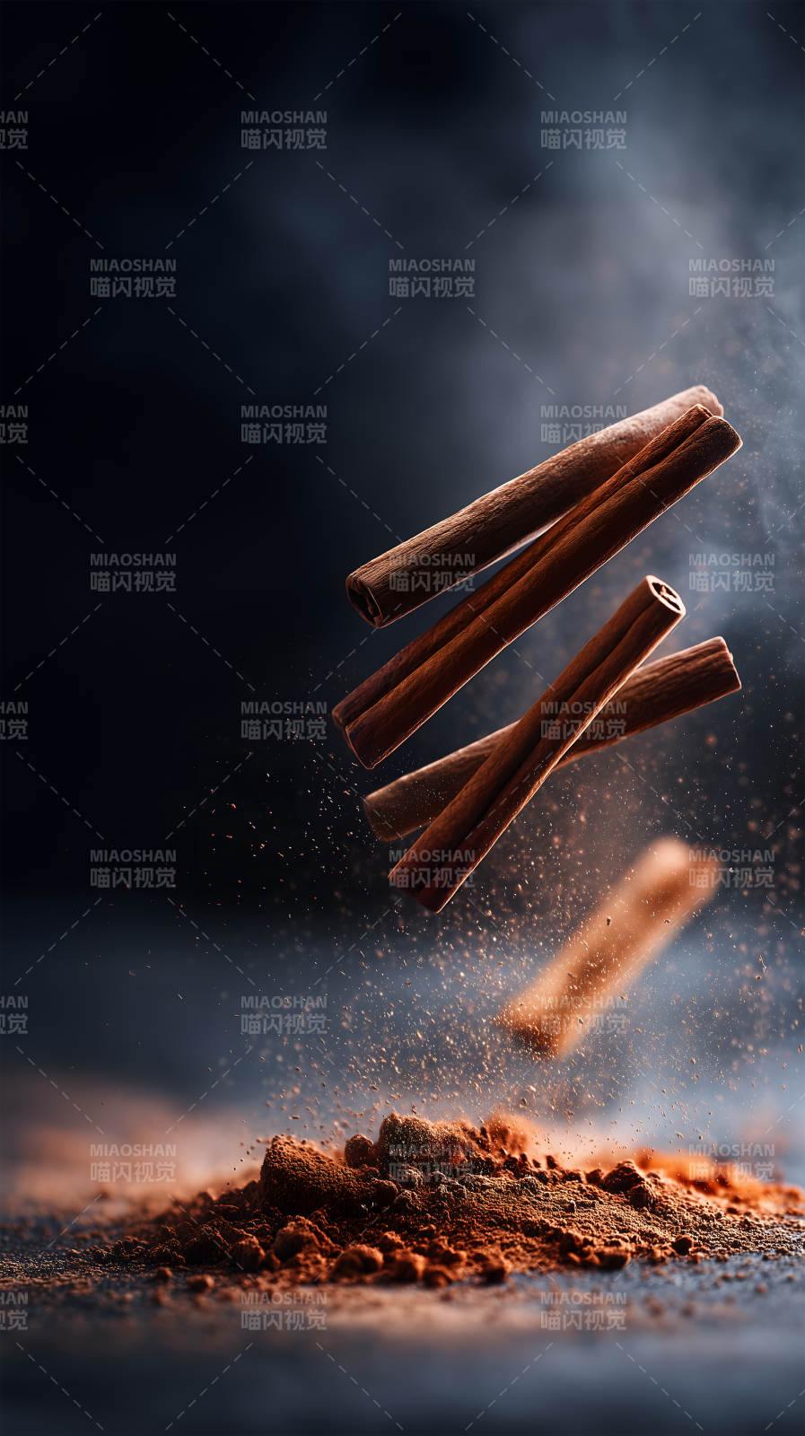 悬浮的肉桂棒与粉末图片