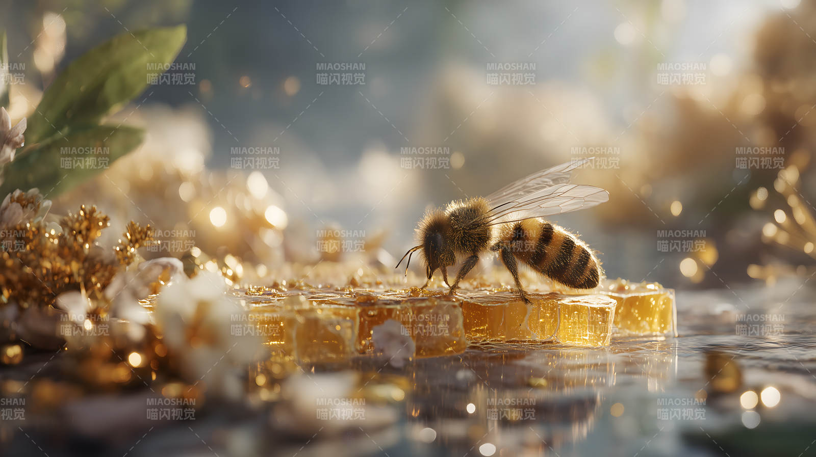 蜜蜂采蜜金光闪耀图片