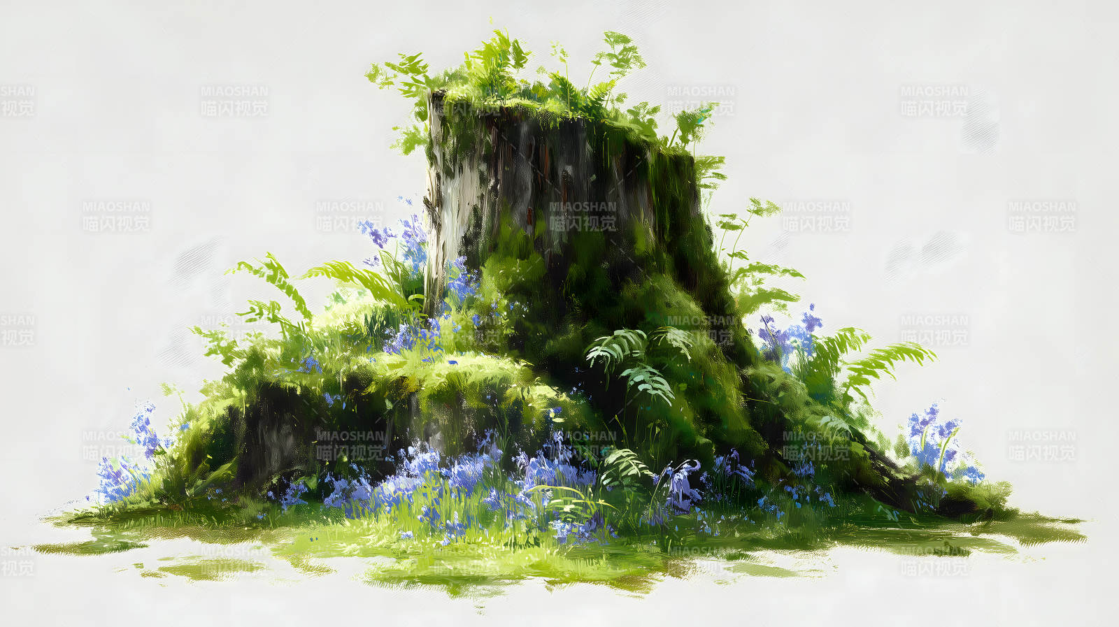 青苔树墩鲜花丛生图片