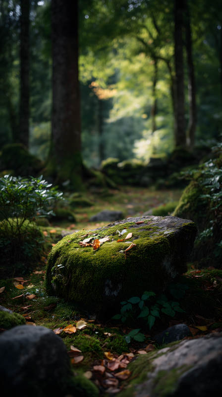 森林中的岩石苔藓与落叶图片
