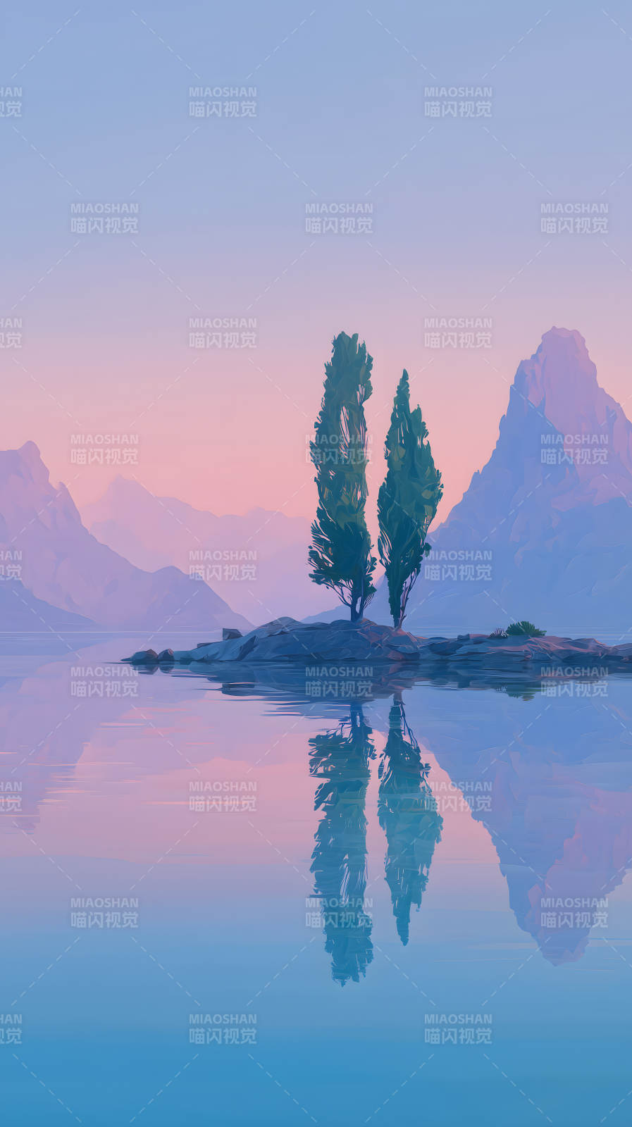 湖泊山峰树木倒影图片