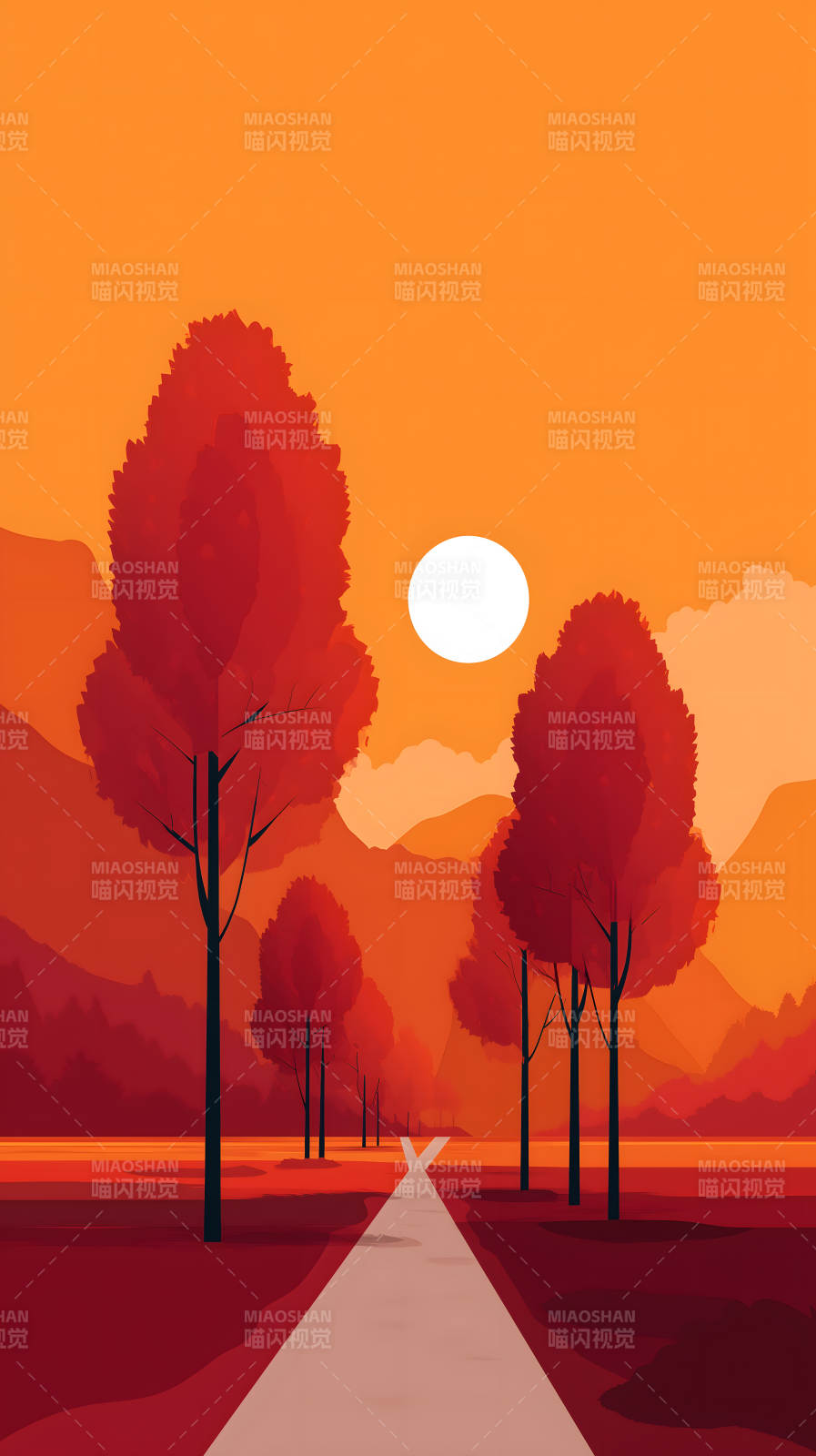 夕阳树林道路景色图片