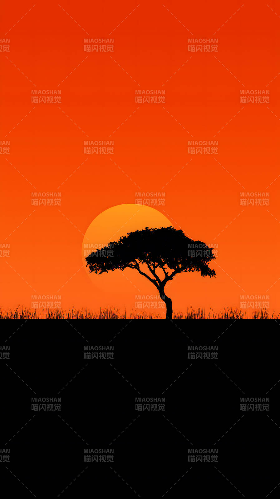 夕阳下的非洲树木剪影图片