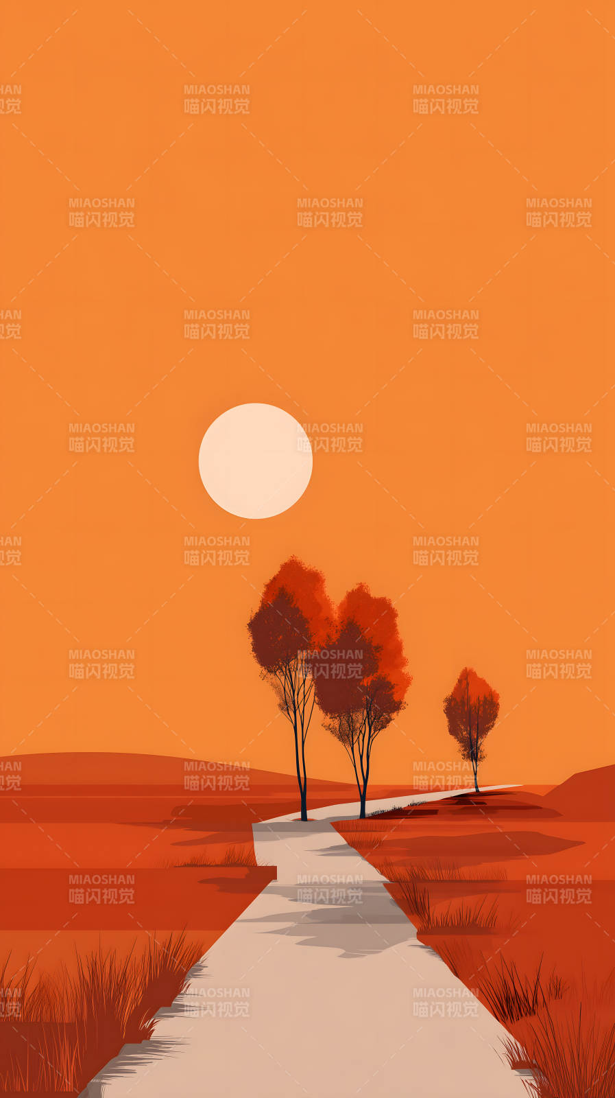 落日风景树木道路图片