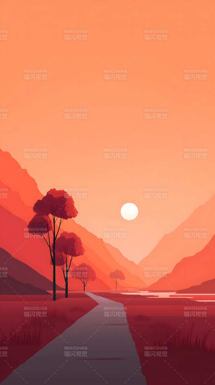 夕阳风景树木山川图片