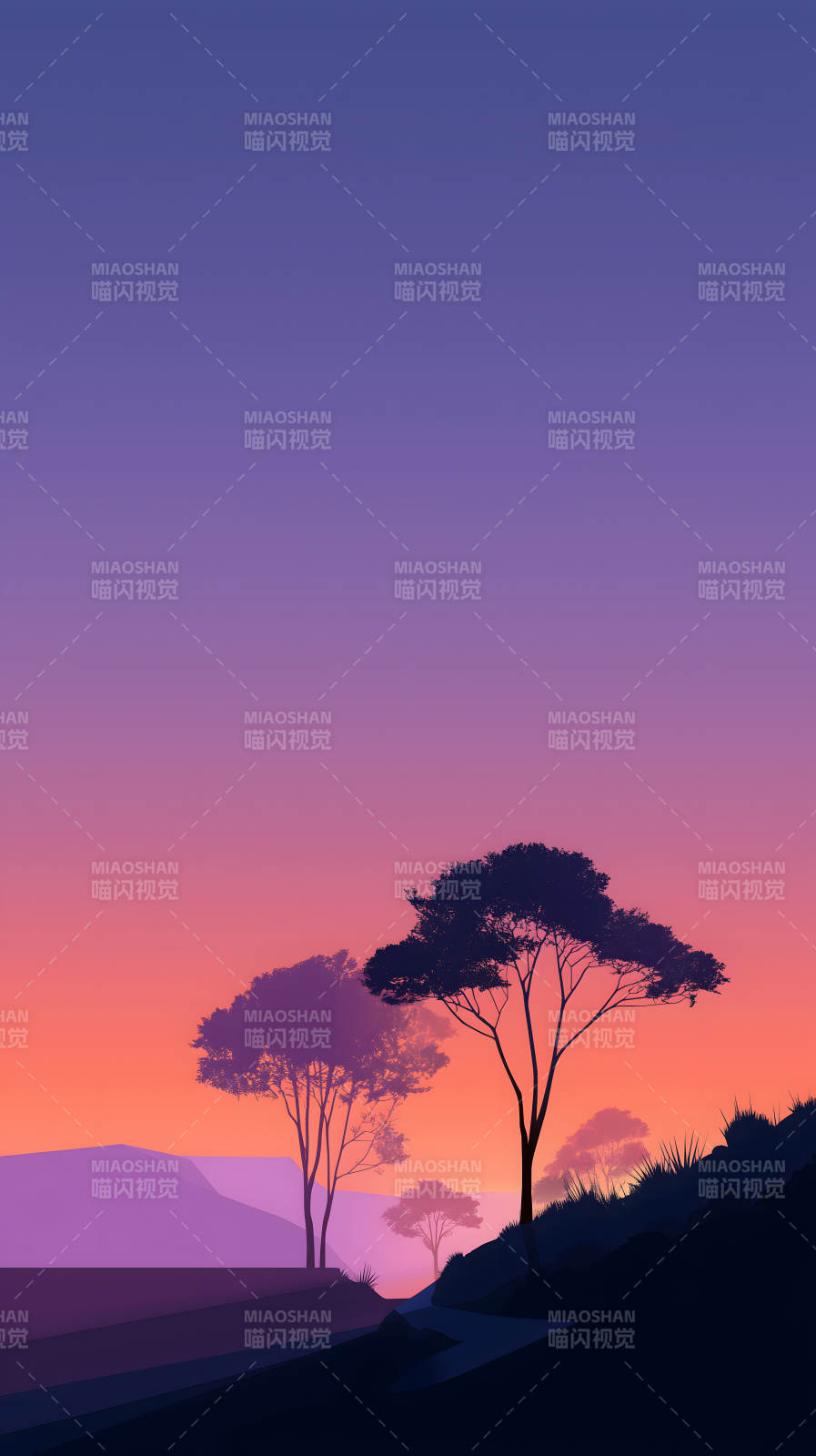 落日余晖树影婆娑图片