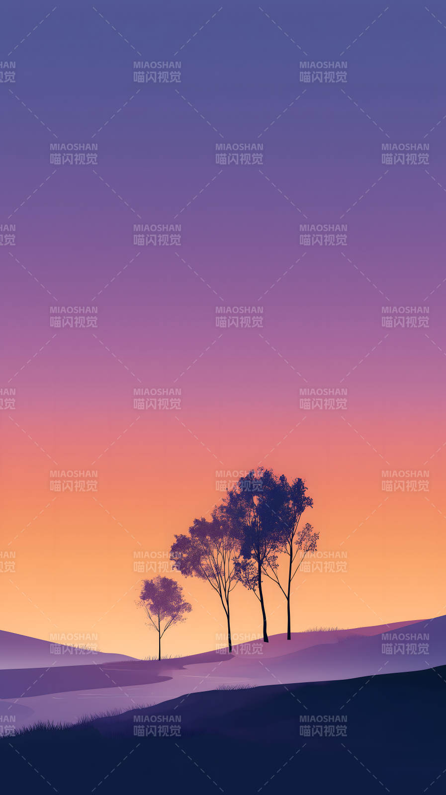 静谧夕阳下的树木剪影图片