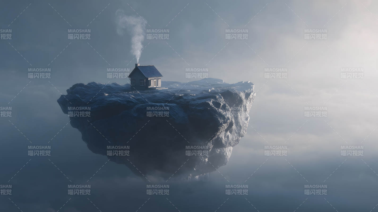 天空孤岛小屋袅袅炊烟图片