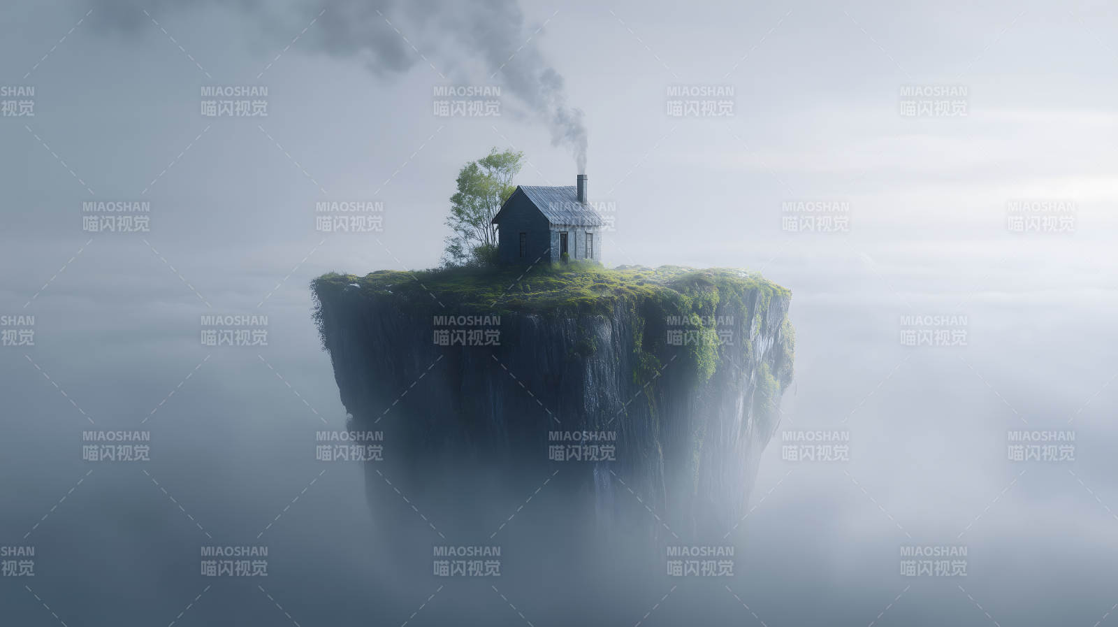 孤岛小屋烟雾缭绕仙境图片