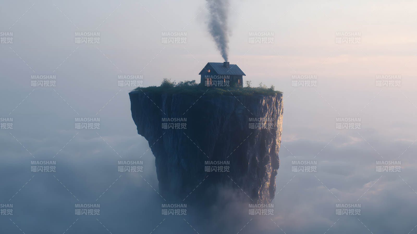 空中孤屋烟雾缭绕图片