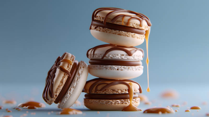 焦糖马卡龙堆叠特写图片