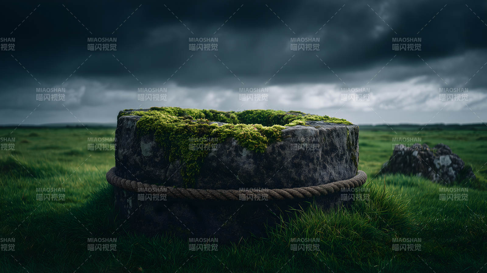 石头环绕绿草地苍穹图片