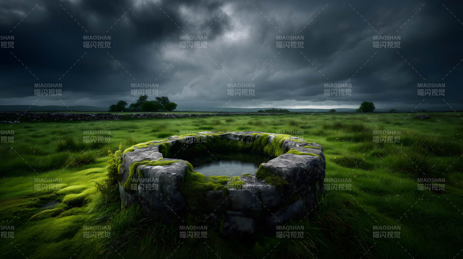 古井映衬阴云密布景象图片