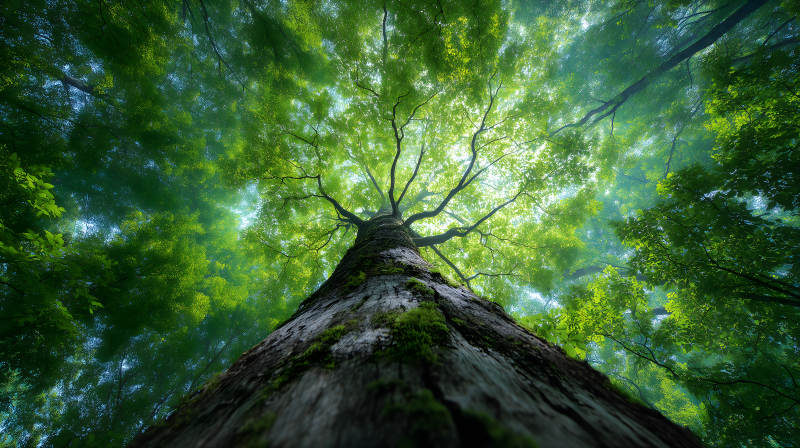仰望森林巨树阳光洒落图片