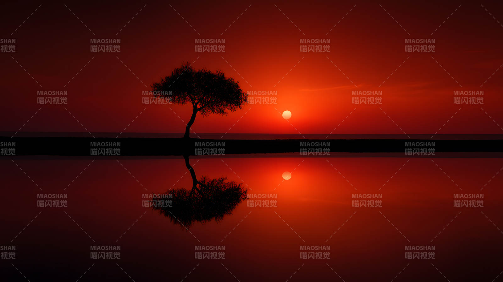 落日孤树倒影红图片